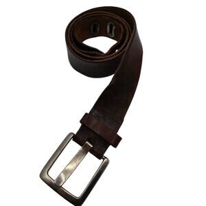 Vintage Mens Sz L Dark Brown Leather Belt w/ Brushed Silver Buckle Accents